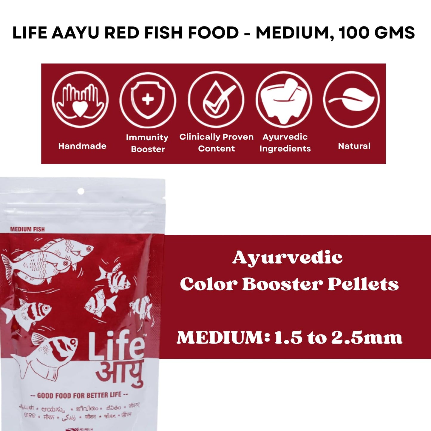 Life AAYU Red Fish Food | Ayurvedic Color Booster with Anchovy & Paprika | for All Fish Sizes | (Medium, 100gms)