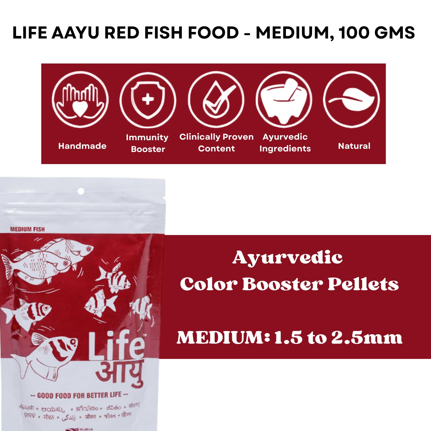 Life AAYU Red Fish Food | Ayurvedic Color Booster with Anchovy & Paprika | for All Fish Sizes | (Medium, 100gms)