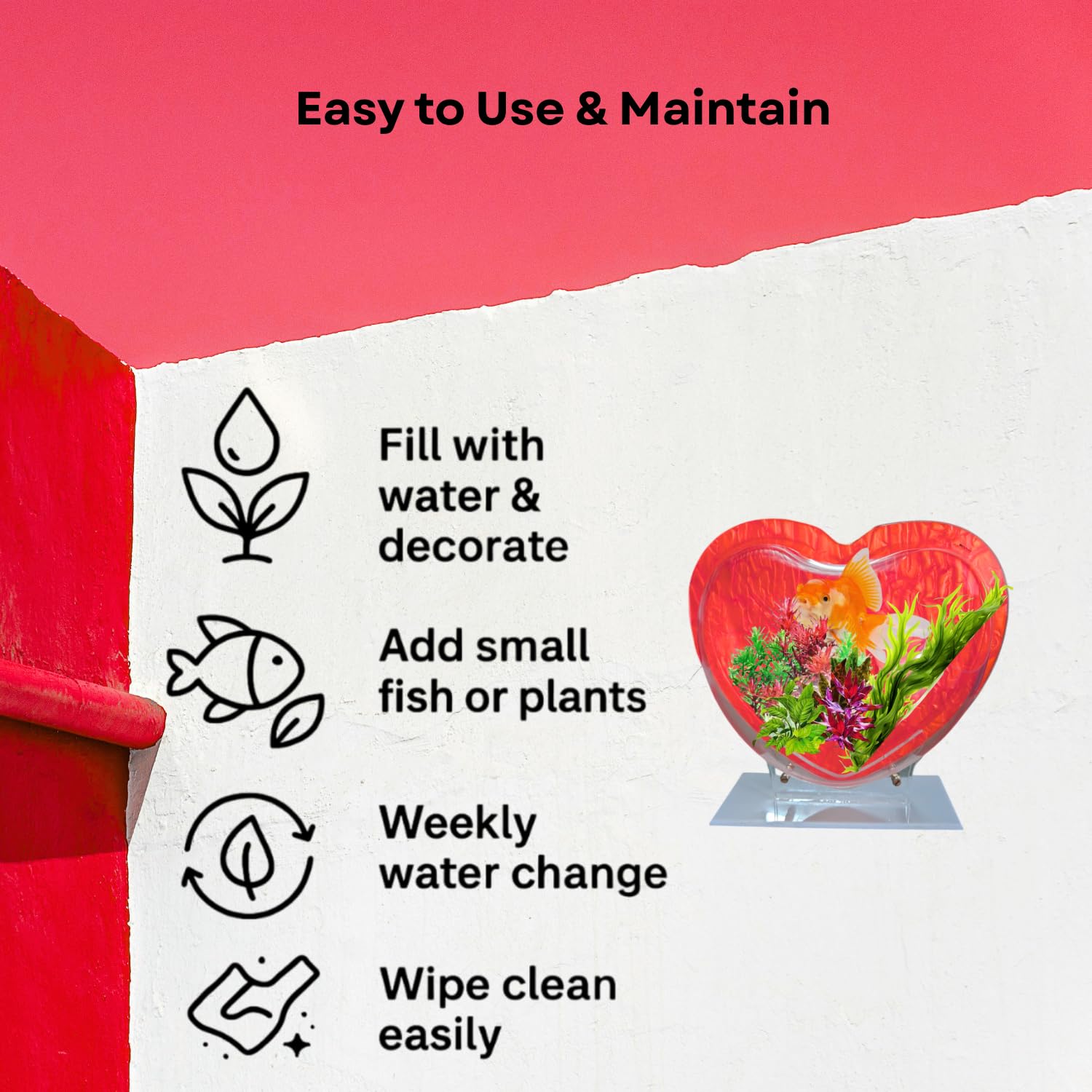 Wall Mount 9-inch Red Heart Shape Fish Bowl – with Stand | Modern Aquarium for Home, Office & Café Décor | Space Saving Design | Elegant Fish Tank & Plant Terrarium | Compact Design