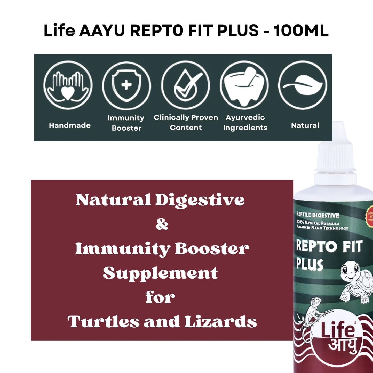 Life AAYU REPT0-Fit Plus Supplement | 100% Natural Digestive & Immunity Booster Supplement for Turtles and Lizards (100 ml)