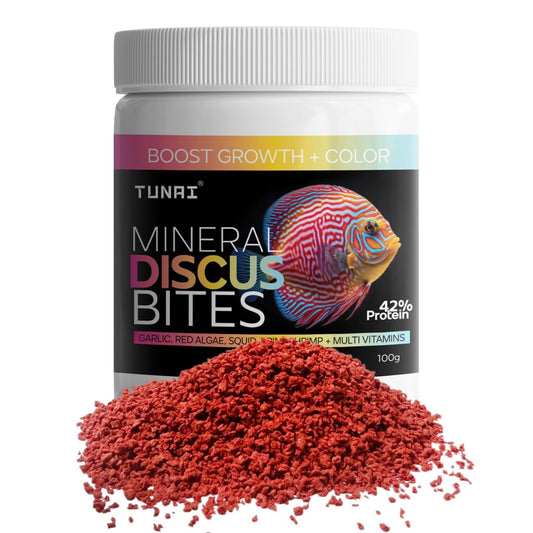 TUNAI Discus Bites Special Fish Food for All Types of Discus Varieties, Boost Color + Growth, Has The Benefits of Garlic, Red Algae, Brine Shrimp. (100g, Discus Bites with Garlic)