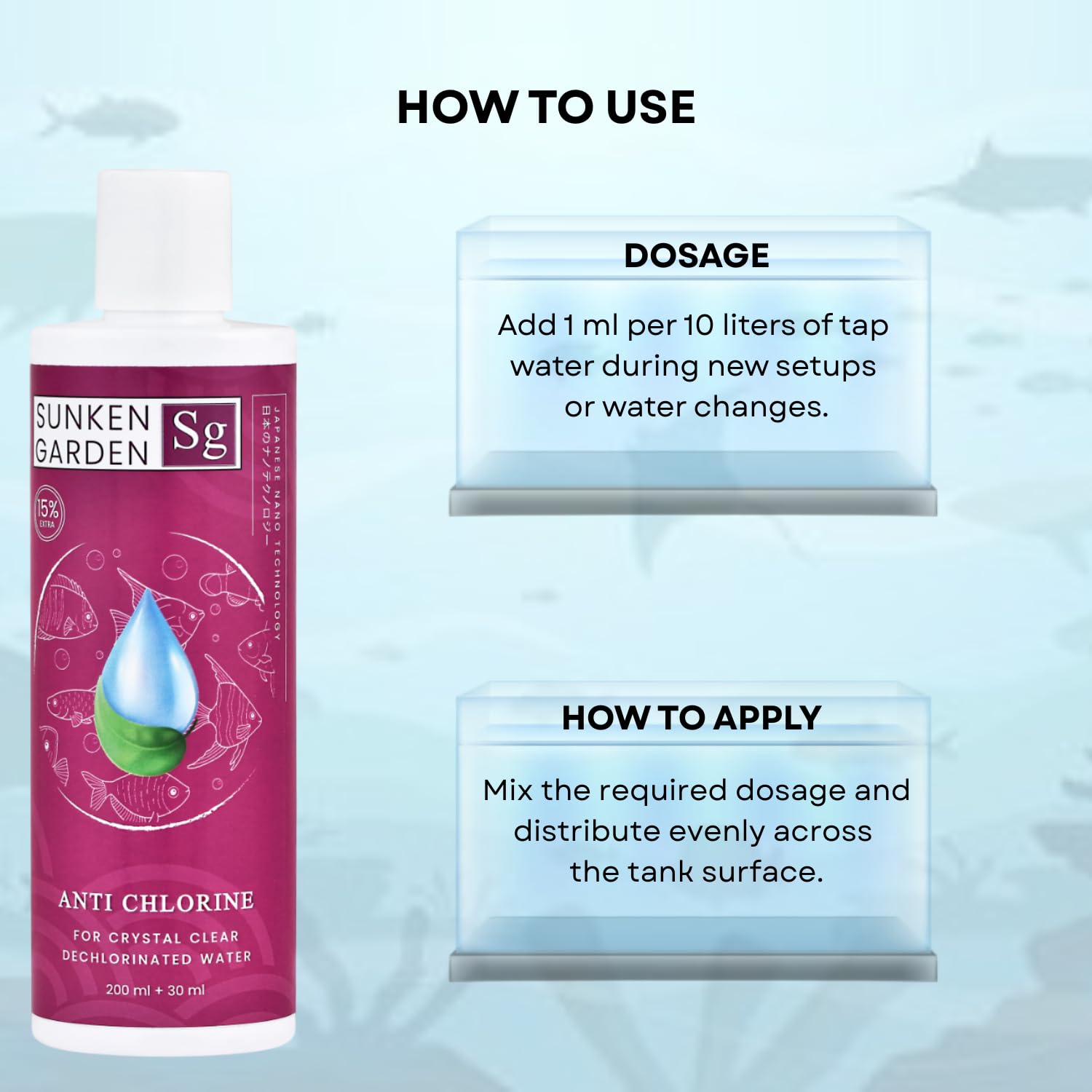 Sunken Garden Anti Chlorine | Dechlorinator + 15-Strain Beneficial Bacteria | Water Conditioner for Freshwater Aquariums (200 ml + 30 ml)