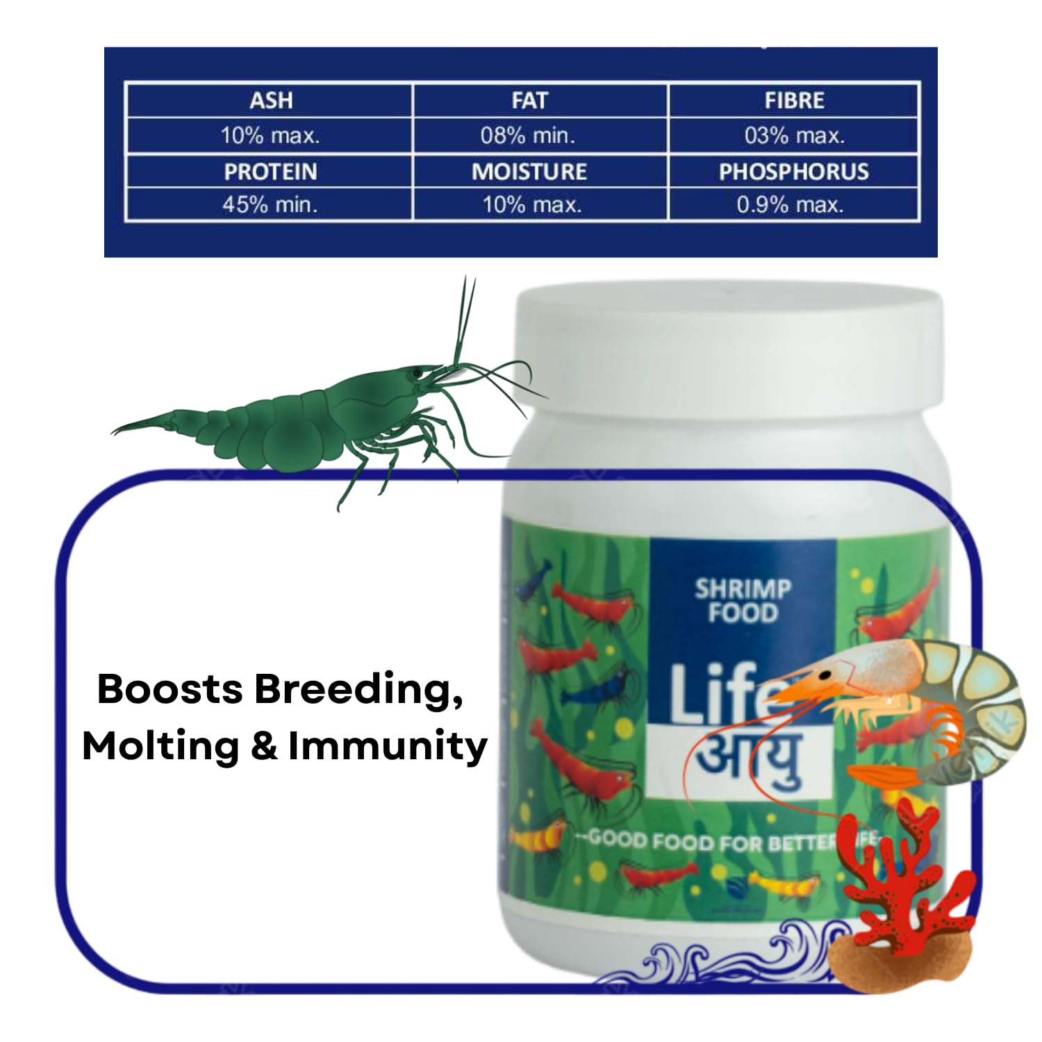 Life AAYU Shrimp Regular Food | Ayurvedic Soft Pellets | Boosts Breeding, Molting & Immunity | (30 GMS, Regular)