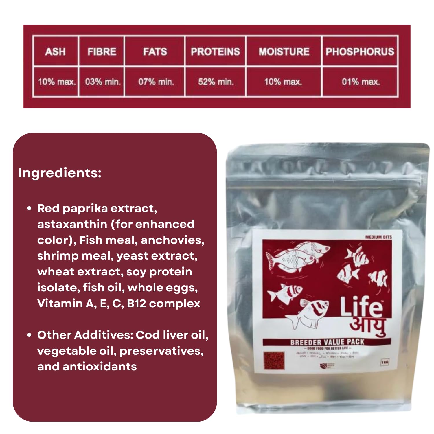 Life AAYU Breeder Value Pack Premium Fish Food | Ideal Choice for Keeping Your Fish Healthy (1 KG, Medium Bits)