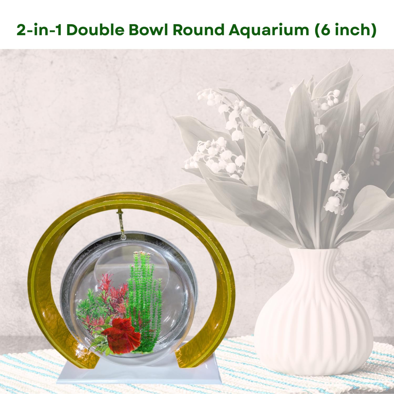 Double Bowl 6-inch Gold Round Fish Bowl – Standing & Hanging Decorative Aquarium for Home & Office | 2-in-1 Double Bowl Round Fish Tank