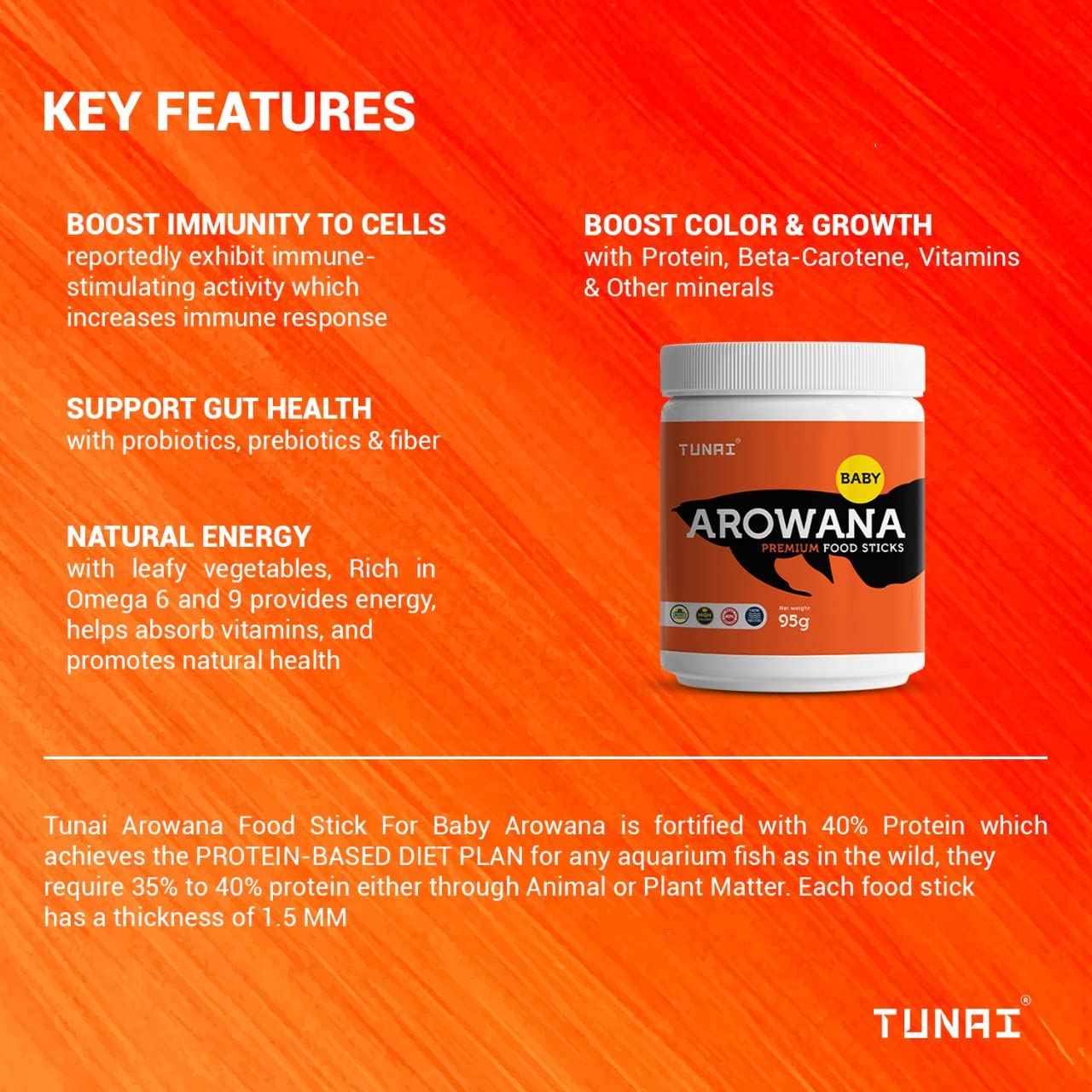 Tunai Arowana Fish Food Sticks |95g| for Baby Arowana, 40% Protein with The Benefits of Moringa, BSF Larvae, Squid Liver and Shrimp, Boost Growth and Vibrant Colors