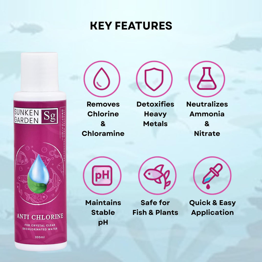 Sunken Garden Anti Chlorine | Dechlorinator + 15-Strain Beneficial Bacteria | Water Conditioner for Freshwater Aquariums (100 ml)