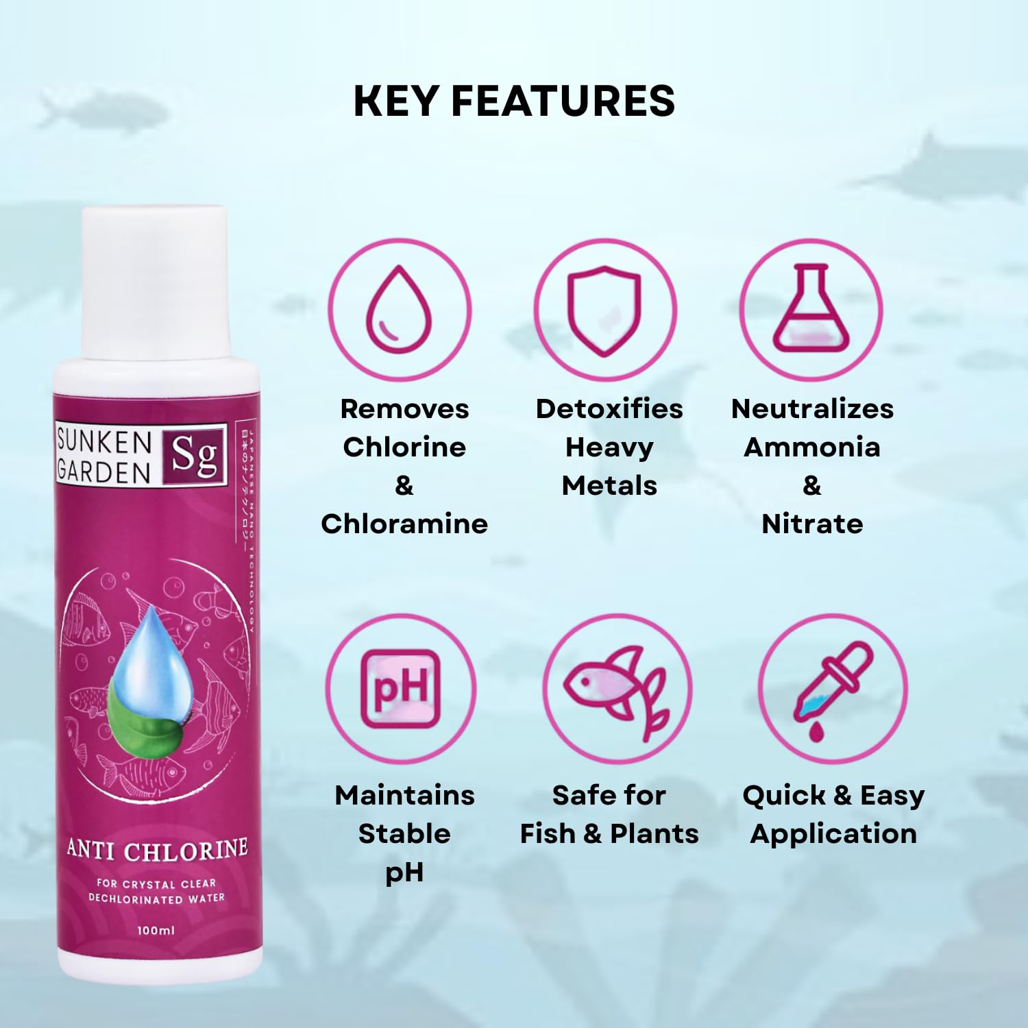Sunken Garden Anti Chlorine | Dechlorinator + 15-Strain Beneficial Bacteria | Water Conditioner for Freshwater Aquariums (100 ml)