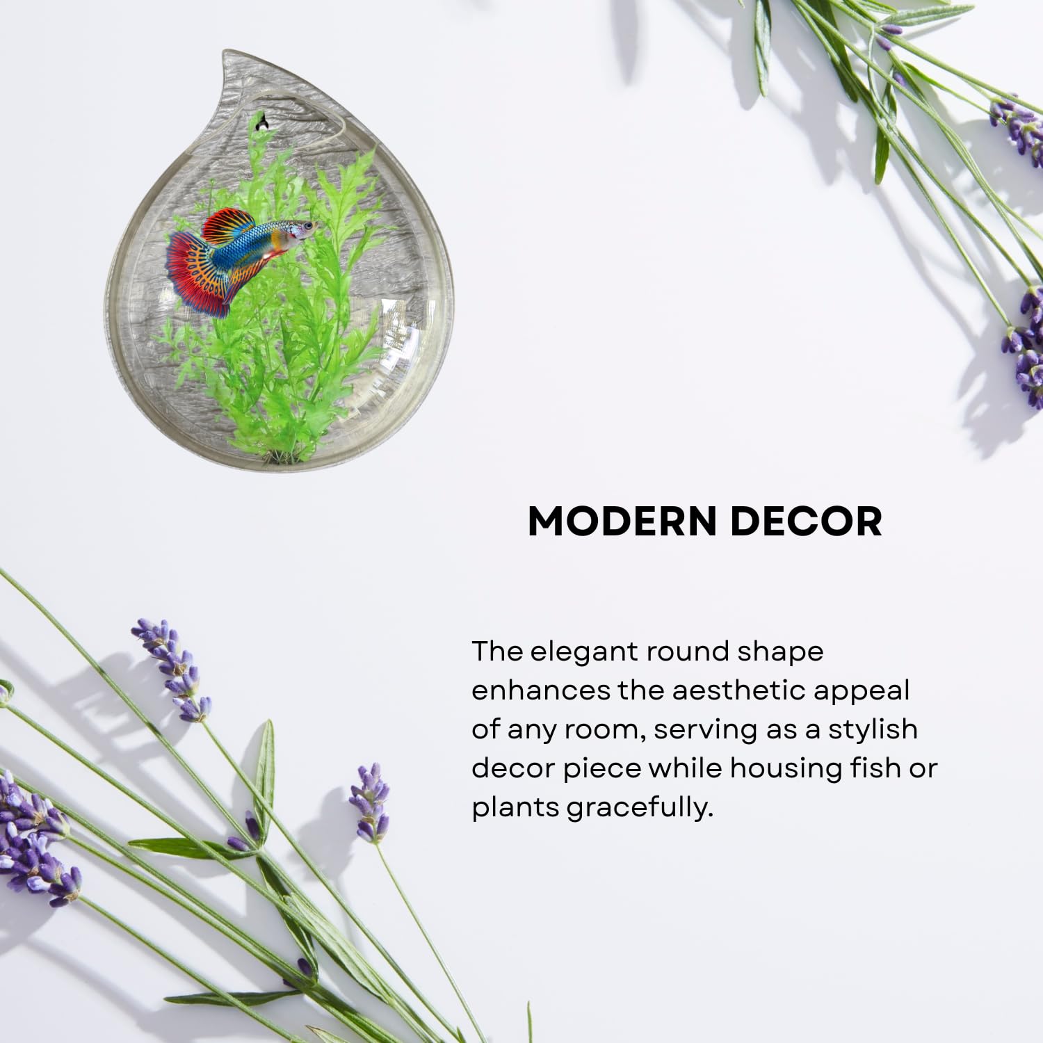 Wall Mount 12-inch White Drop Shape Fish Bowl – Decorative Hanging Aquarium (Without Stand) | Space Saving Design | Compact Aquarium for Betta, Guppies & Plants