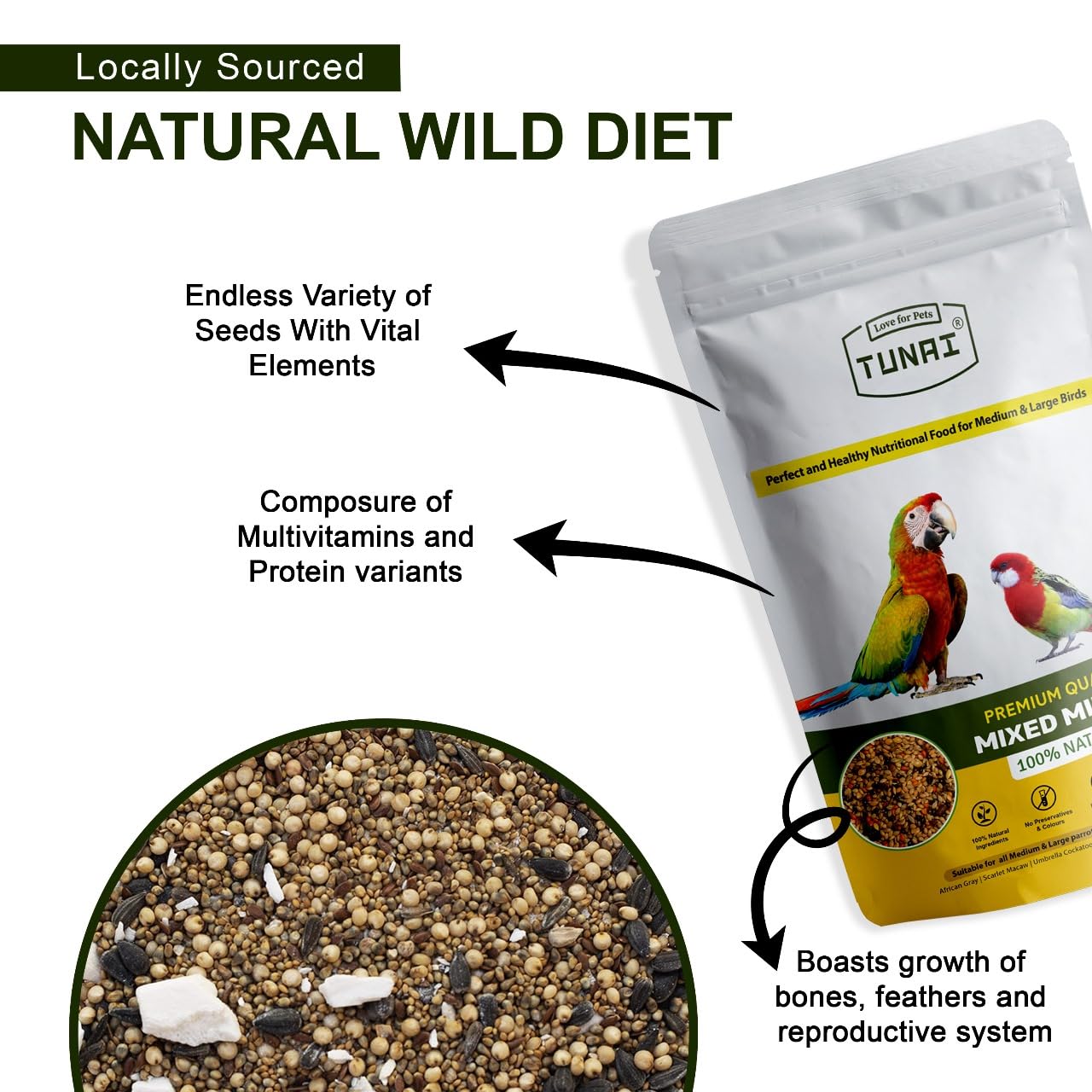 Tunai Bird Food of Mixed Millets | 950g | for Amazons, Macaws, Conures, Senegals, African Greys, Budgies, Lovebirds, & Cockatiels
