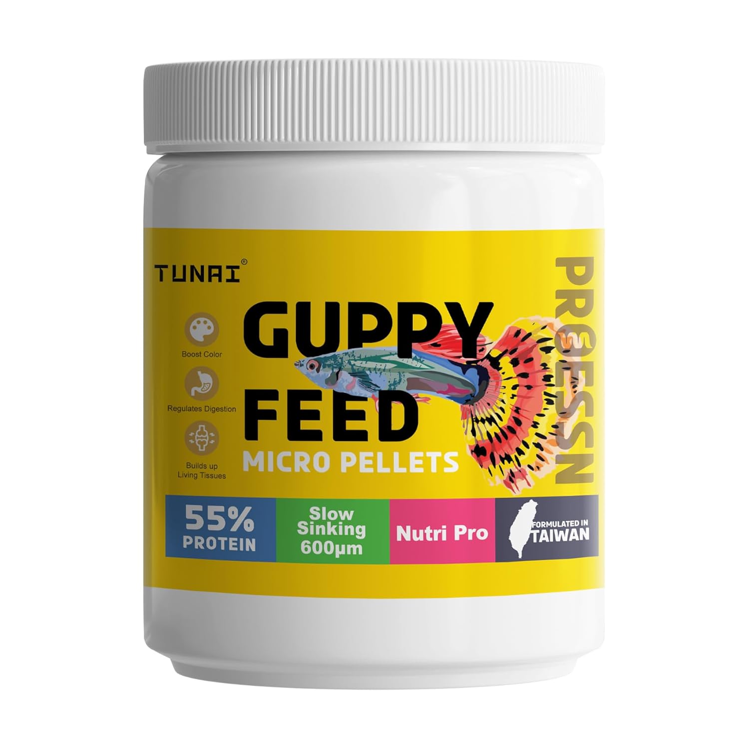 Tunai Guppy Fish Food with 55% Protein| 40g |600 Microns - Floating Micro Pellets| Guaranteed Tail Color Enhancement for Guppies, Taiwan Formula