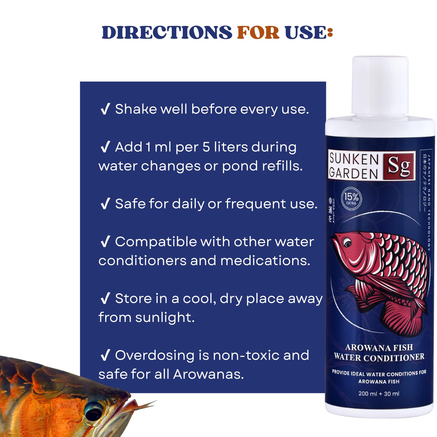 Sunken Garden Arowana Water Conditioner | for Strength, Color & Calm Behavior | Multi-Action Conditioner for Arowanas (200 ml + 30 ml)