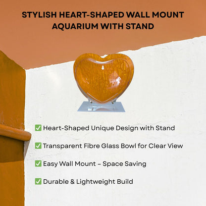 Wall Mount 9-inch Yellow Heart Shape Fish Bowl – with Stand | Modern Aquarium for Home, Office & Café Décor | Space Saving Design | Elegant Fish Tank & Plant Terrarium | Compact Design