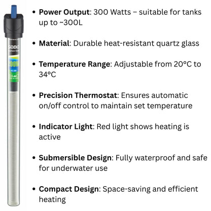 S0B0 HL-300 Ordinary Glass Aquarium Heater | Fully Submersible | Suitable for Tanks Upto 300L | Original from Tunai Store