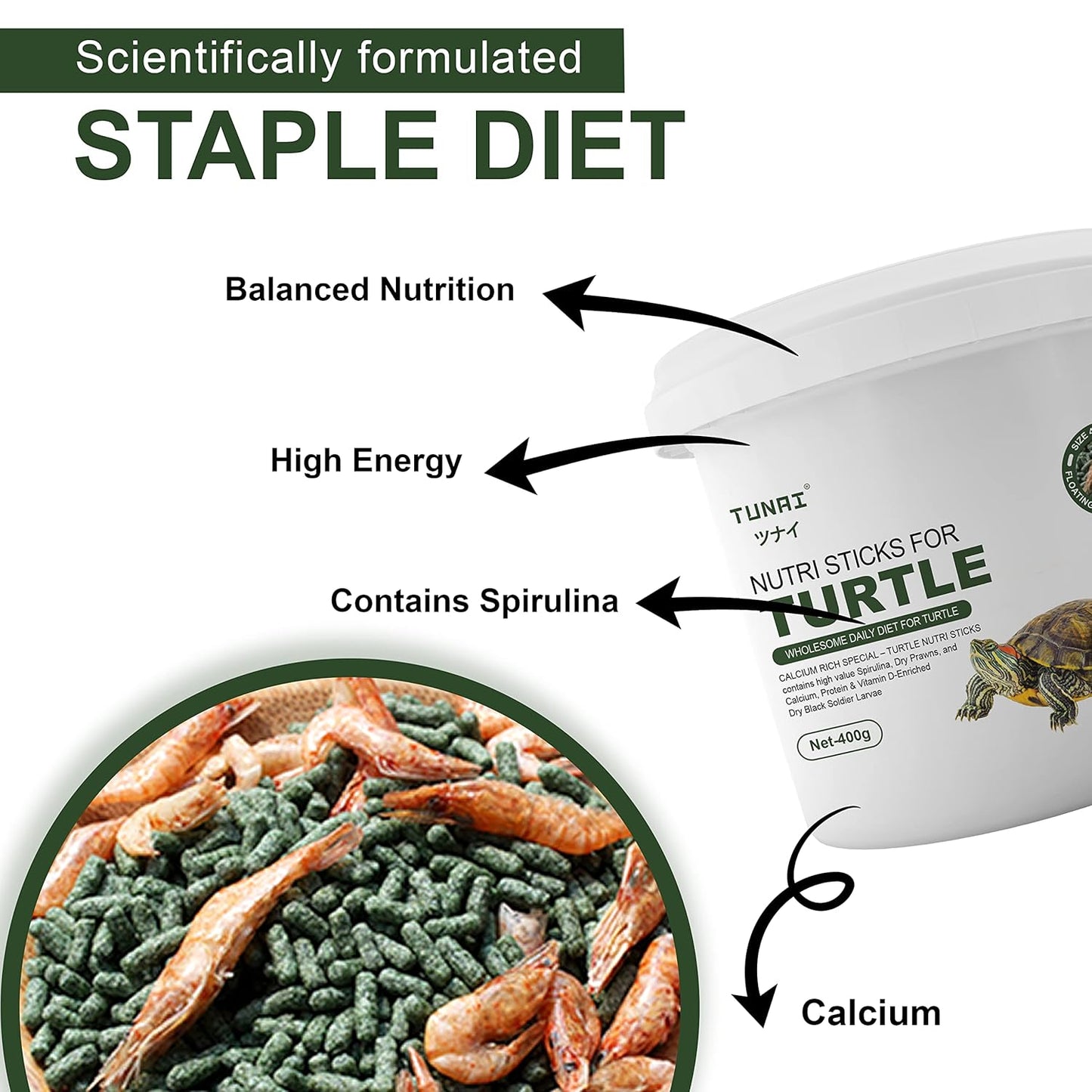 Tunai 3in1 Adult Turtle Food Nutri Sticks Food |400g| with Spirulina, Whole Shrimp and BSFL Worms