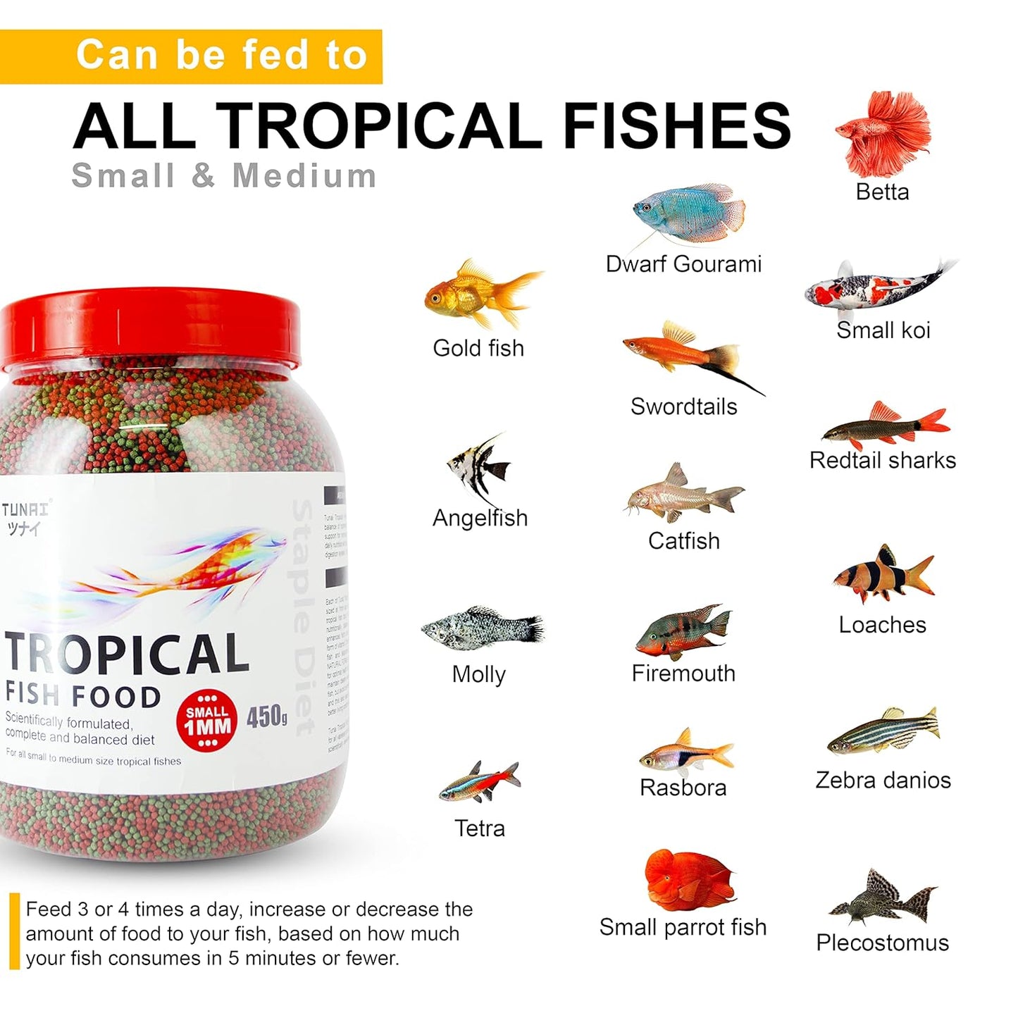 TUNAI Fish Food for Aquarium with 26% protien | 1.2 MM, 450g | Aquarium Fish Food for All Adult Small and Medium Tropical Fishes| Daily Nutrition Fish Feed for Health and Growth