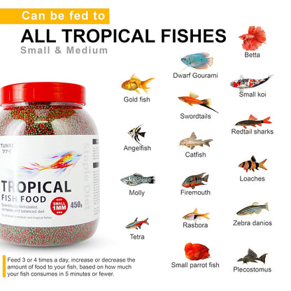 TUNAI Fish Food for Aquarium with 26% protien | 1.2 MM, 450g | Aquarium Fish Food for All Adult Small and Medium Tropical Fishes| Daily Nutrition Fish Feed for Health and Growth