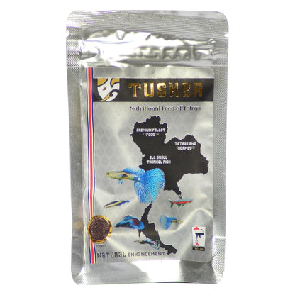 Tusker Premium Imported Tetra, Guppies, Betta, Goldfish Free & All Other Small Fishes Feed A Rich & Complete Nutritional Fish Aquarium Food by Petish, 25gm