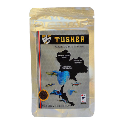 Tusker Premium Imported Tetra, Guppies, Betta, Goldfish Free & All Other Small Fishes Feed A Rich & Complete Nutritional Fish Aquarium Food by Petish, 25gm