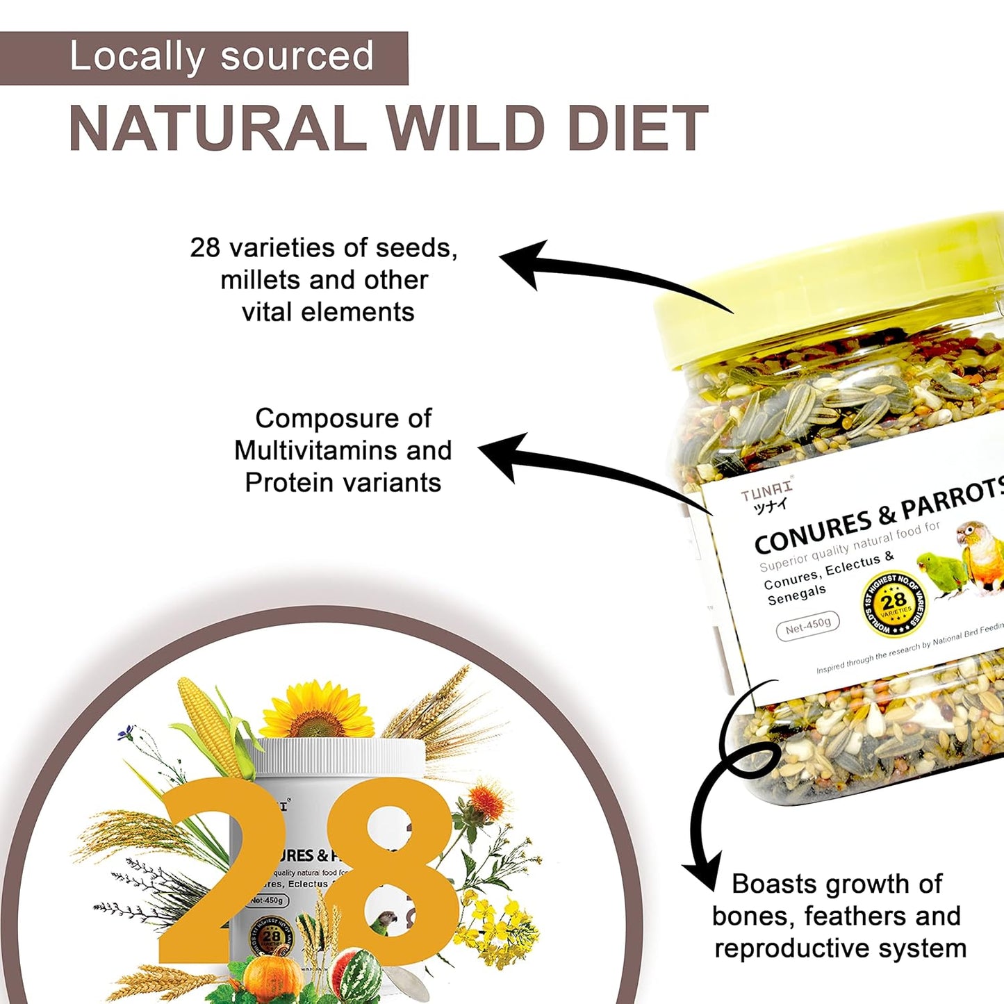 TUNAI Bird Food | Premium Bird Feed 450G With 28 Of Mixed Bird Seeds For Young, Adult Conures, & Parrots, 1 Count