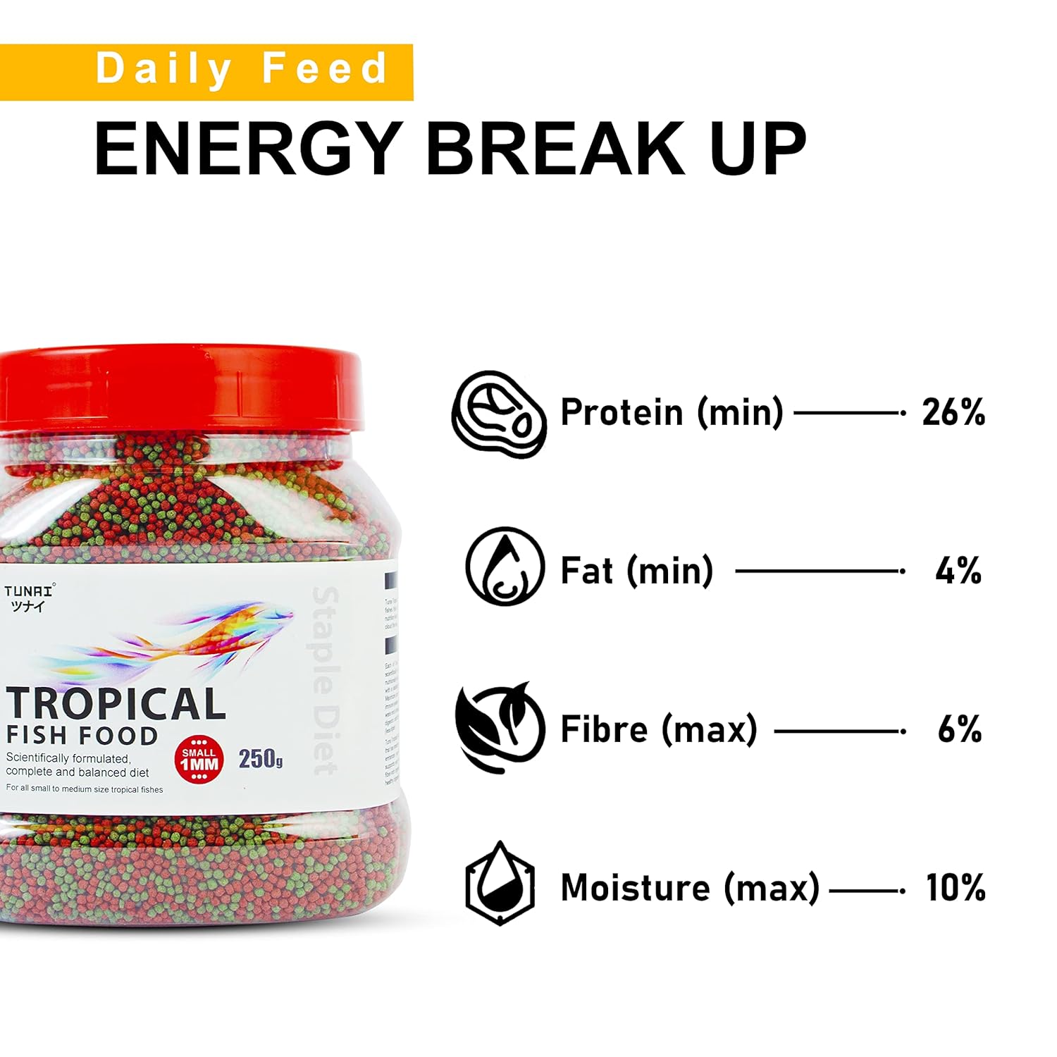 Tunai Tropical Fish Food for Aquarium with 26% Protein |1.2 mm Pellets, 250g|Perfect for Adult Small & Medium Fish