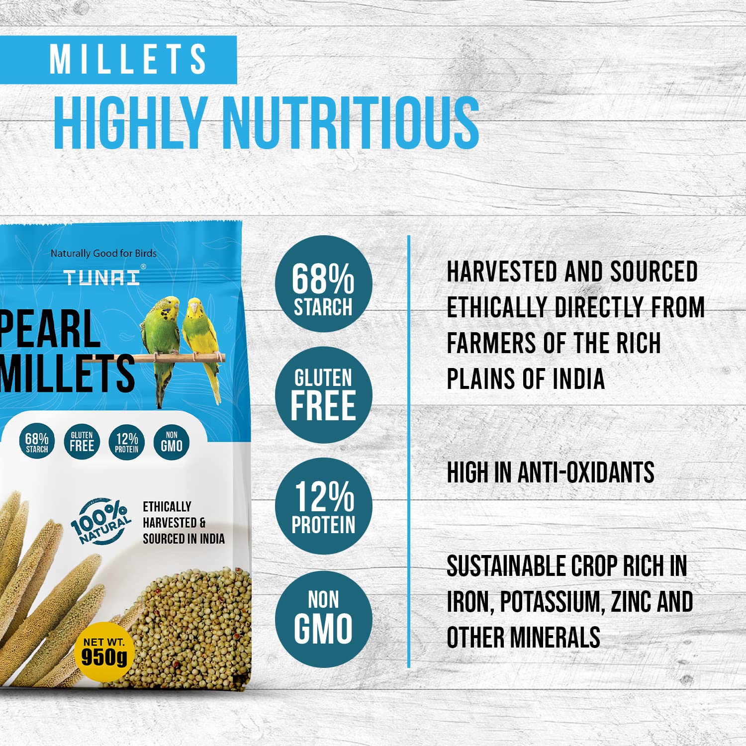 Tunai Pearl Millet Or Bajra Bird Seeds | 950g | Assist in Regulating Digestion, Easing Stress Perfect Bird Food for Budgies, Finches, Cockatiels, Conures, Love Birds, & Parrots