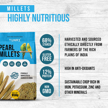 Tunai Pearl Millet Or Bajra Bird Seeds | 950g | Assist in Regulating Digestion, Easing Stress Perfect Bird Food for Budgies, Finches, Cockatiels, Conures, Love Birds, & Parrots