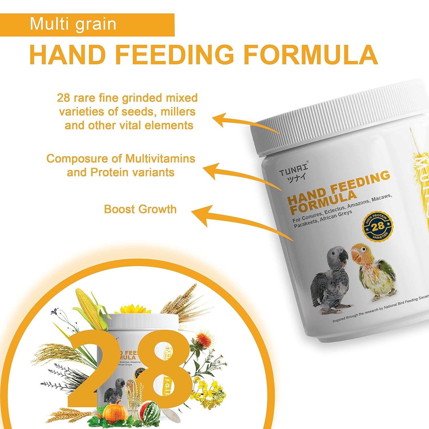 TUNAI Multi Grain Hand Feeding Formula for All Baby Birds Comes with Feeding Syringe, 900G - Powder