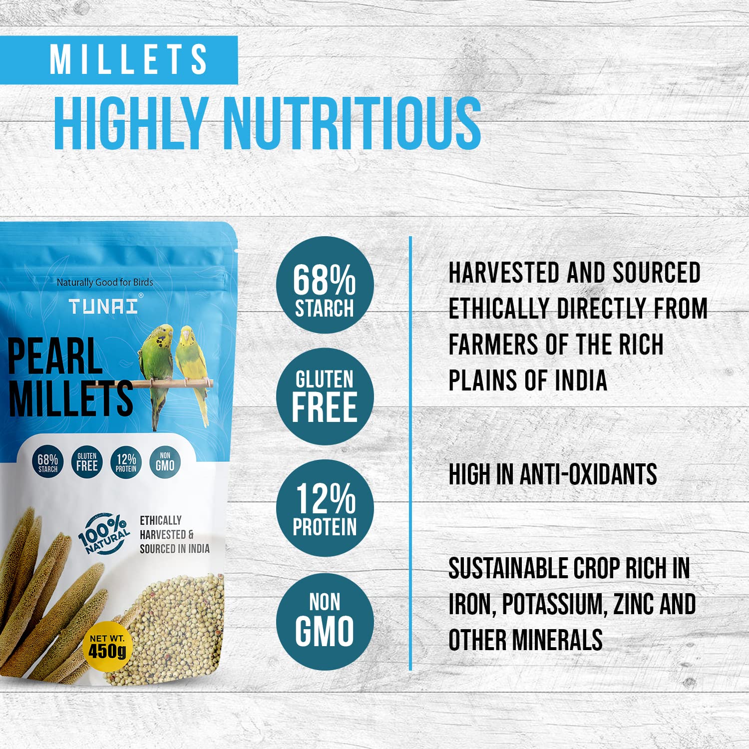 TUNAI Pearl Or Bajra Millet Bird Food |450G| Superior Bird Feed For Budgies, Finches, Cockatiels, Conures, Love Birds, Parrots Wild Birds, All Life Stages