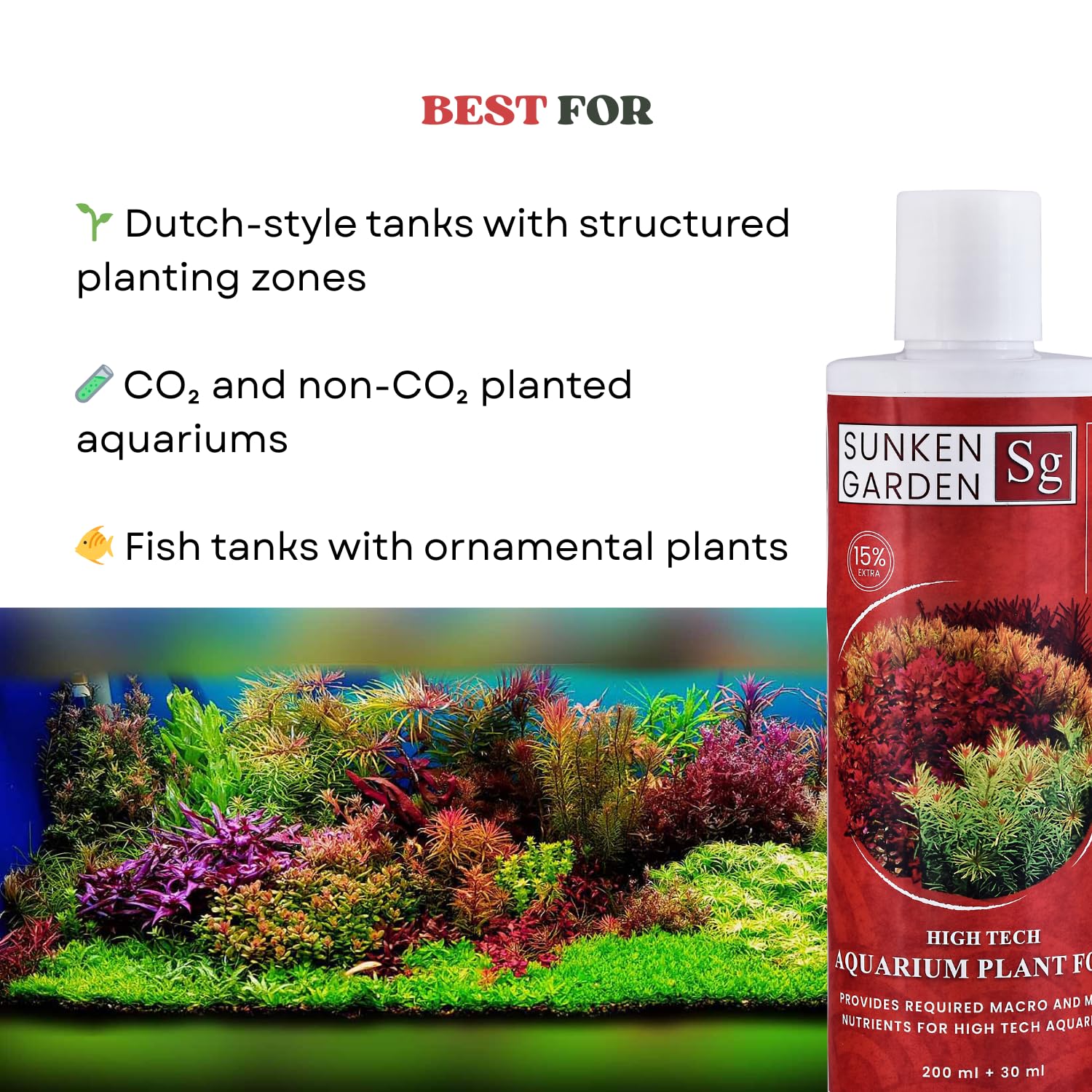 Sunken Garden Vibrance - Dutch-Style Aquarium Fertilizer | All-in-One Formula for Bushy Plant Growth | CO₂ & Non-CO₂ Compatible (200 ml + 30 ml)