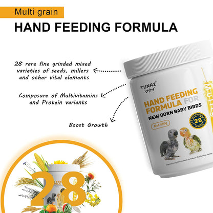 TUNAI Multi Grain Hand Feeding Formula Powder for Baby Birds | 450G | Essential for Love Birds, Conures, Parrots, & Cockatiel