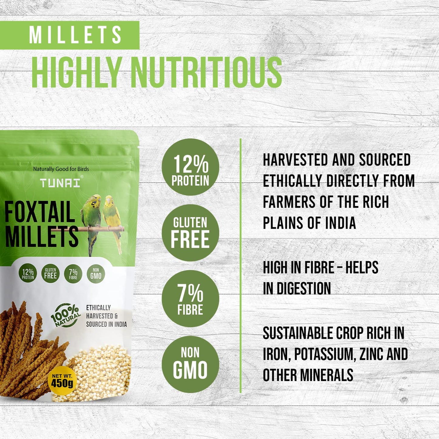 Tunai Bird Food Superior Foxtail Kangni Millets Feed for Lovebirds, Canaries, Cockatiels and Finches, 450g