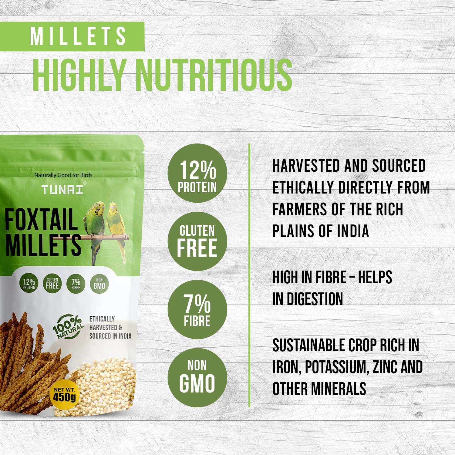 Tunai Bird Food Superior Foxtail Kangni Millets Feed for Lovebirds, Canaries, Cockatiels and Finches, 450g