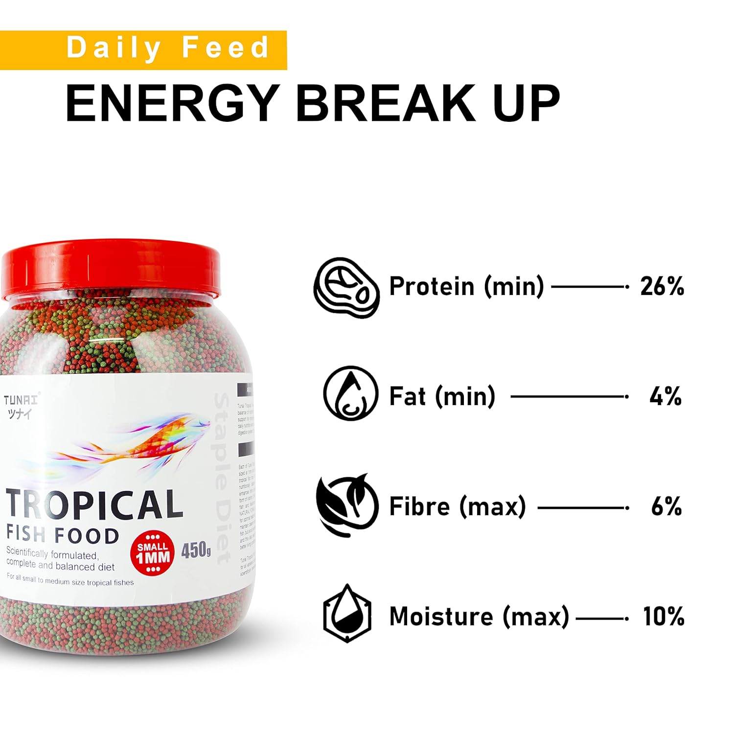 TUNAI Fish Food for Aquarium with 26% protien | 1.2 MM, 450g | Aquarium Fish Food for All Adult Small and Medium Tropical Fishes| Daily Nutrition Fish Feed for Health and Growth