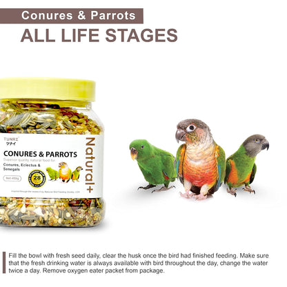 TUNAI Bird Food | Premium Bird Feed 450G With 28 Of Mixed Bird Seeds For Young, Adult Conures, & Parrots, 1 Count