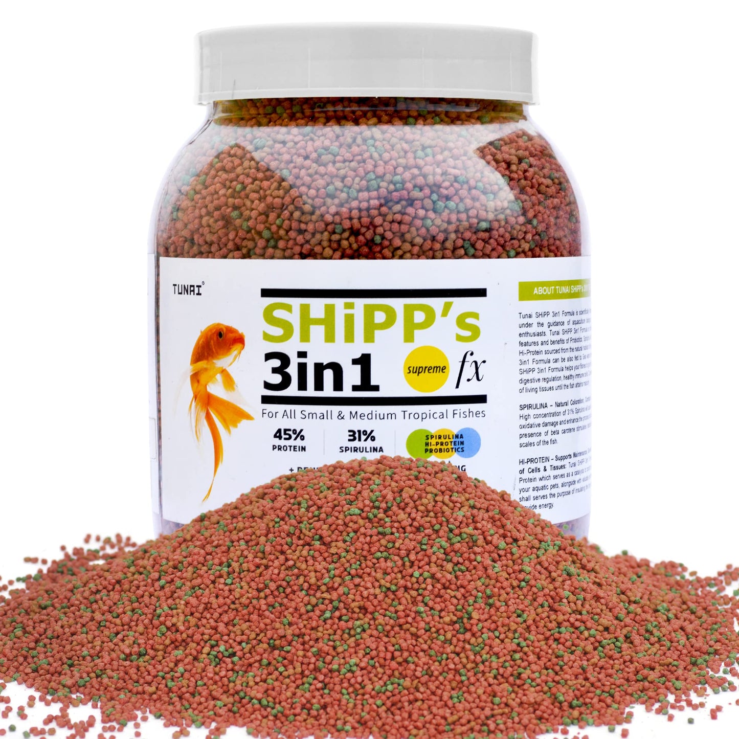 Tunai 3in1 Shipp (Spirulina, Hi-Protein and Probiotics) Fish Food for All Small to Medium Tropical Fishes| Fish Feed for Growth, Color and Strength (100g - Shipp Formula)