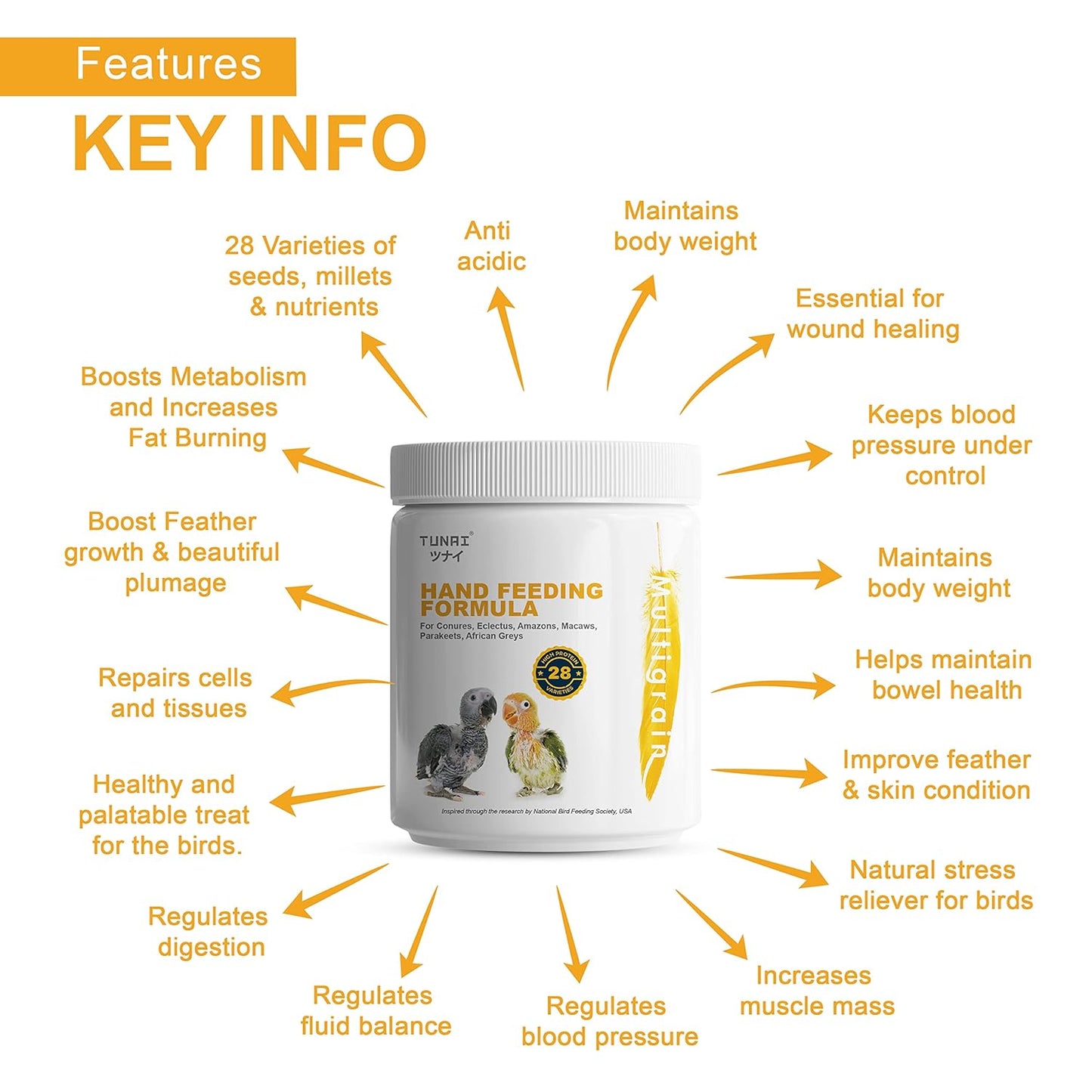 TUNAI Multi Grain Hand Feeding Formula for All Baby Birds Comes with Feeding Syringe, 900G - Powder