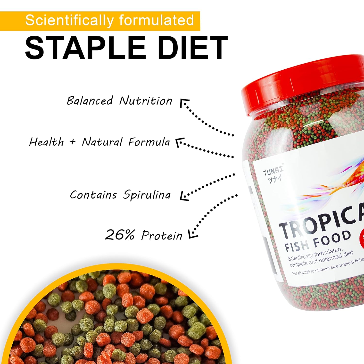 TUNAI Fish Food for Aquarium with 26% protien | 1.2 MM, 450g | Aquarium Fish Food for All Adult Small and Medium Tropical Fishes| Daily Nutrition Fish Feed for Health and Growth