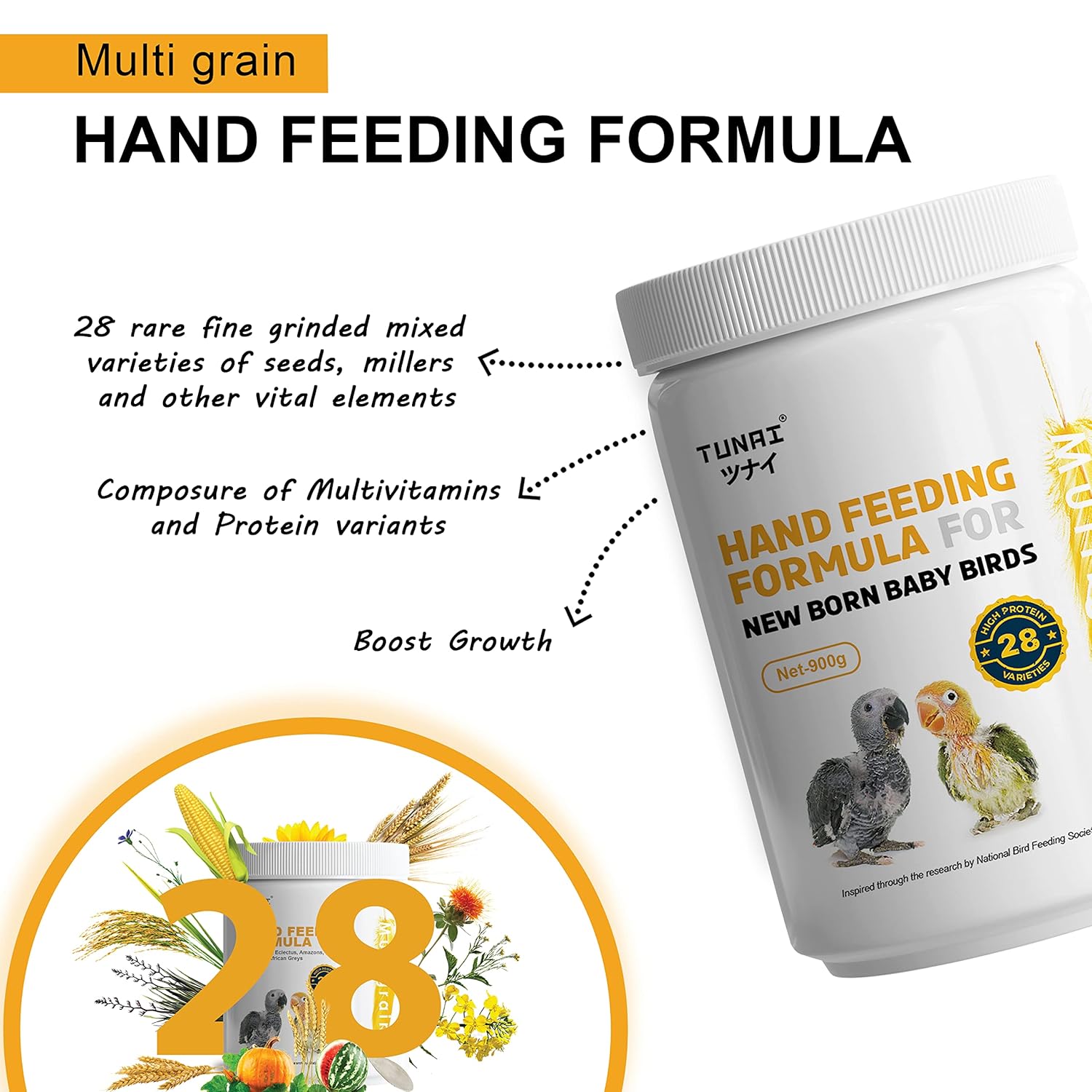 TUNAI Hand Feeding Formula for All New Born Baby Birds | 900G | Essential for Your Baby Bird - Rich in Calcium and Protein, Suitable for All Birds, Powder