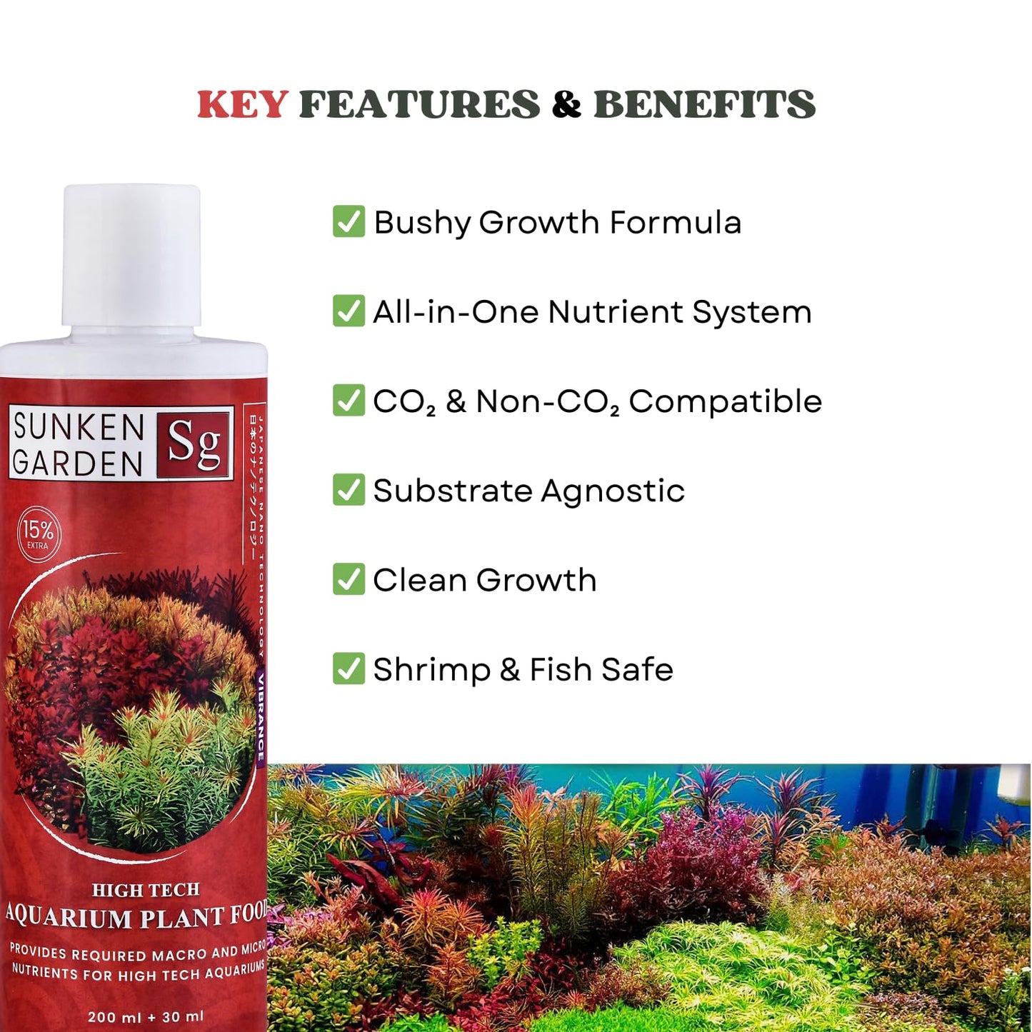 Sunken Garden Vibrance - Dutch-Style Aquarium Fertilizer | All-in-One Formula for Bushy Plant Growth | CO₂ & Non-CO₂ Compatible (200 ml + 30 ml)