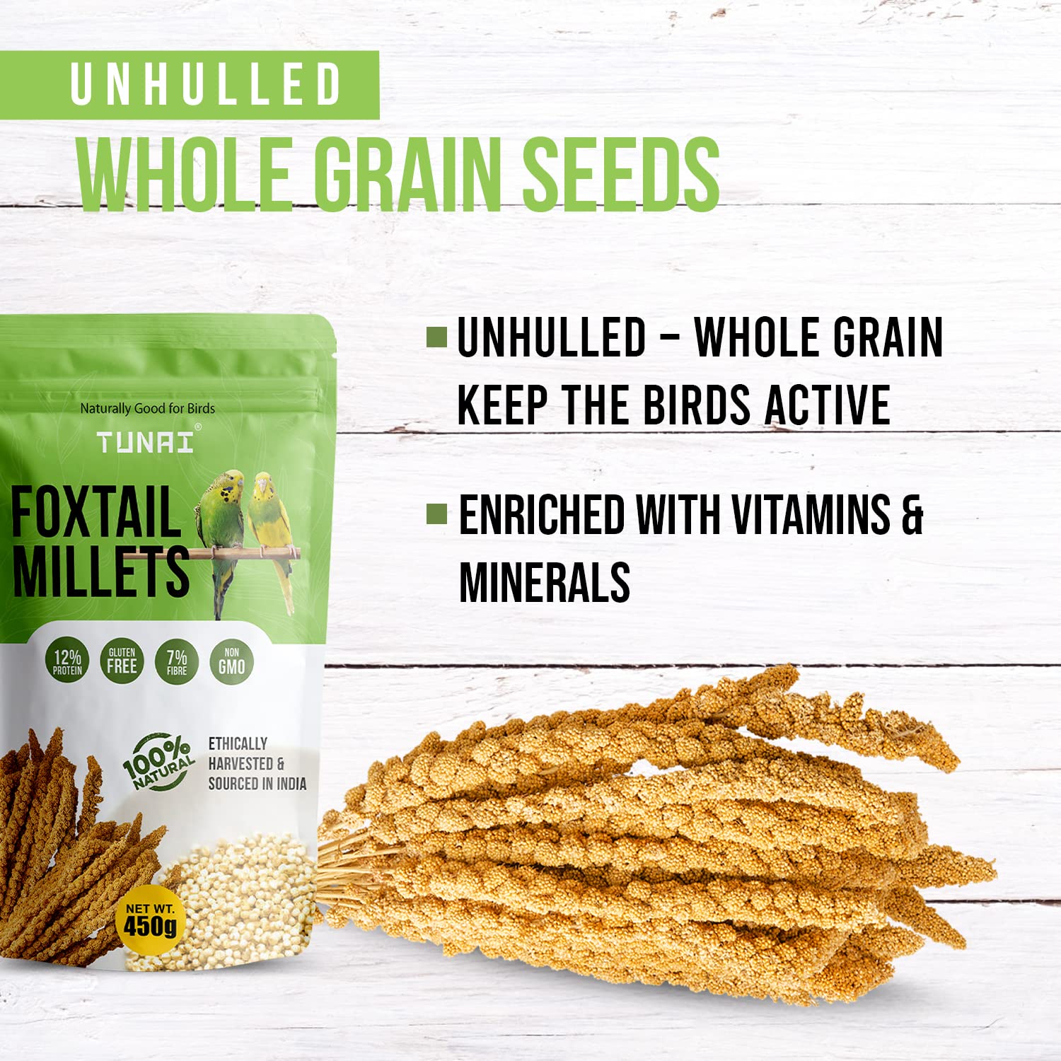 Tunai Bird Food Superior Foxtail Kangni Millets Feed for Lovebirds, Canaries, Cockatiels and Finches, 450g