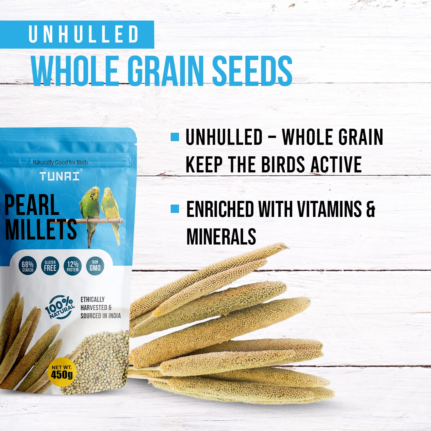 TUNAI Pearl Or Bajra Millet Bird Food |450G| Superior Bird Feed For Budgies, Finches, Cockatiels, Conures, Love Birds, Parrots Wild Birds, All Life Stages