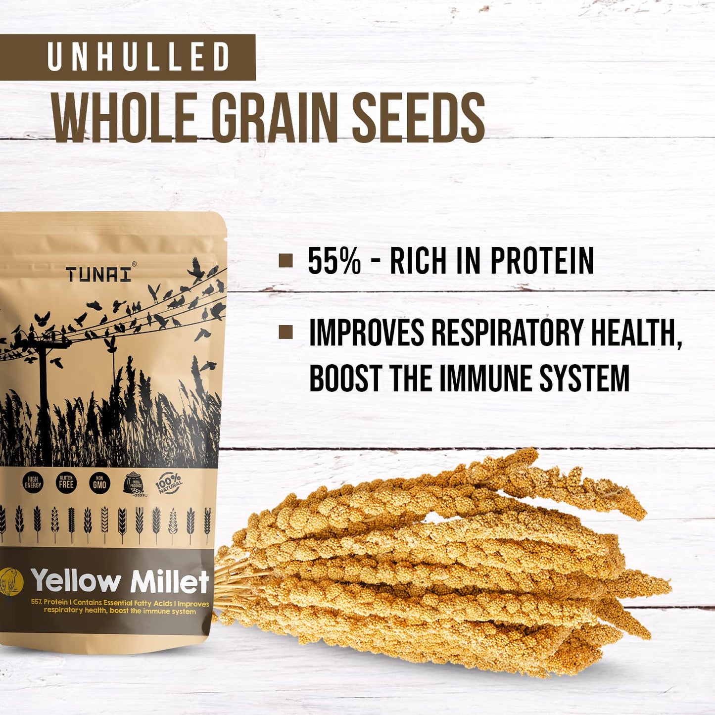 TUNAI Yellow Millets Bird Feed |450G|Essential Bird Food For Canaries, Finches, Budgies, Parakeets, Parrotlets, Conures, Eclectus, Senegals, Parrots, & Cockatiels, For All Life Stages