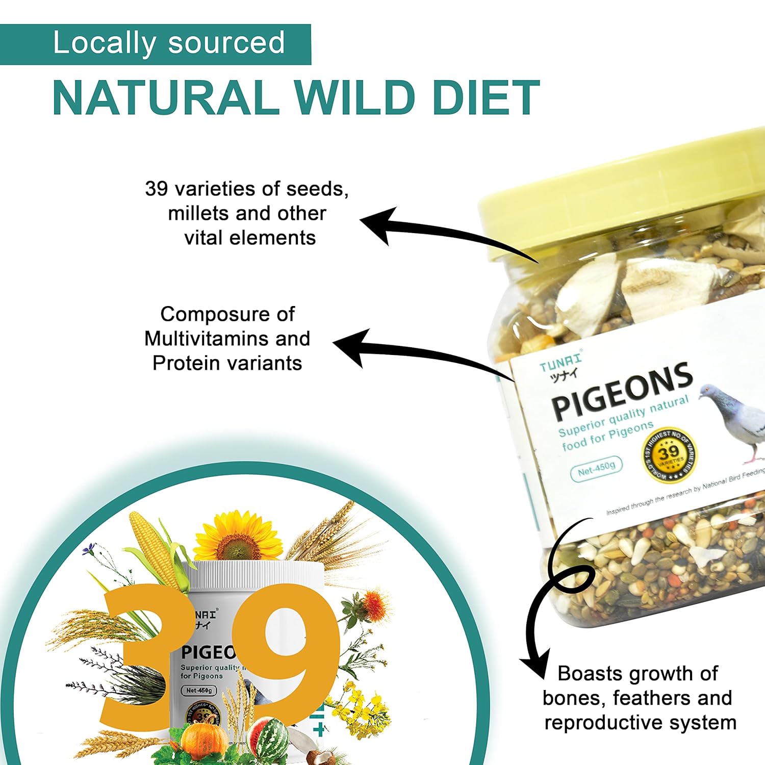 TUNAI Bird Food | Premium Bird Feed 450G With 39 Of Mixed Bird Seeds For Young, Adult Pigeons And Best Treat For All Wild Birds, 1 Count