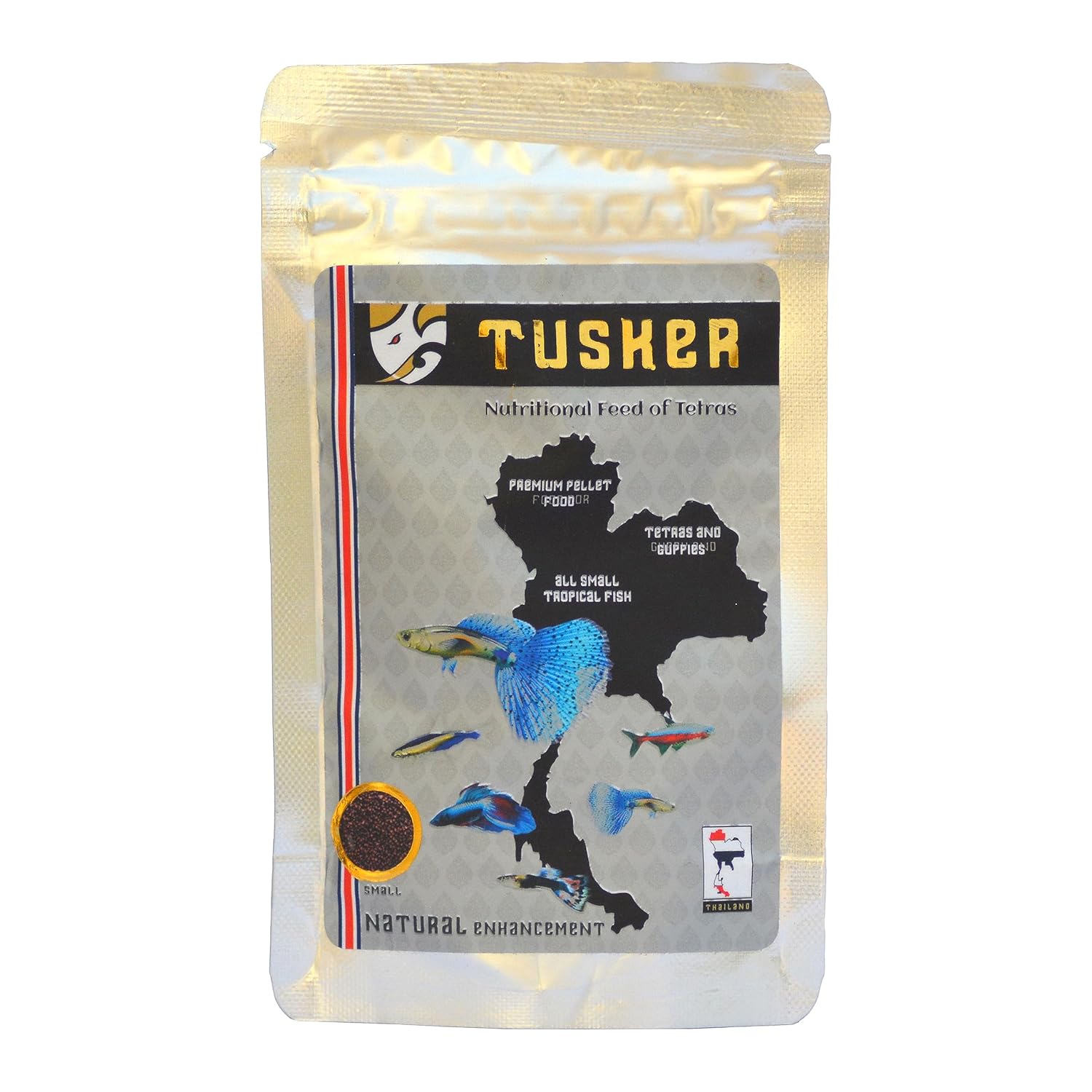 Tusker Premium Imported Tetra, Guppies, Betta, Goldfish Free & All Other Small Fishes Feed A Rich & Complete Nutritional Fish Aquarium Food by Petish, 25gm