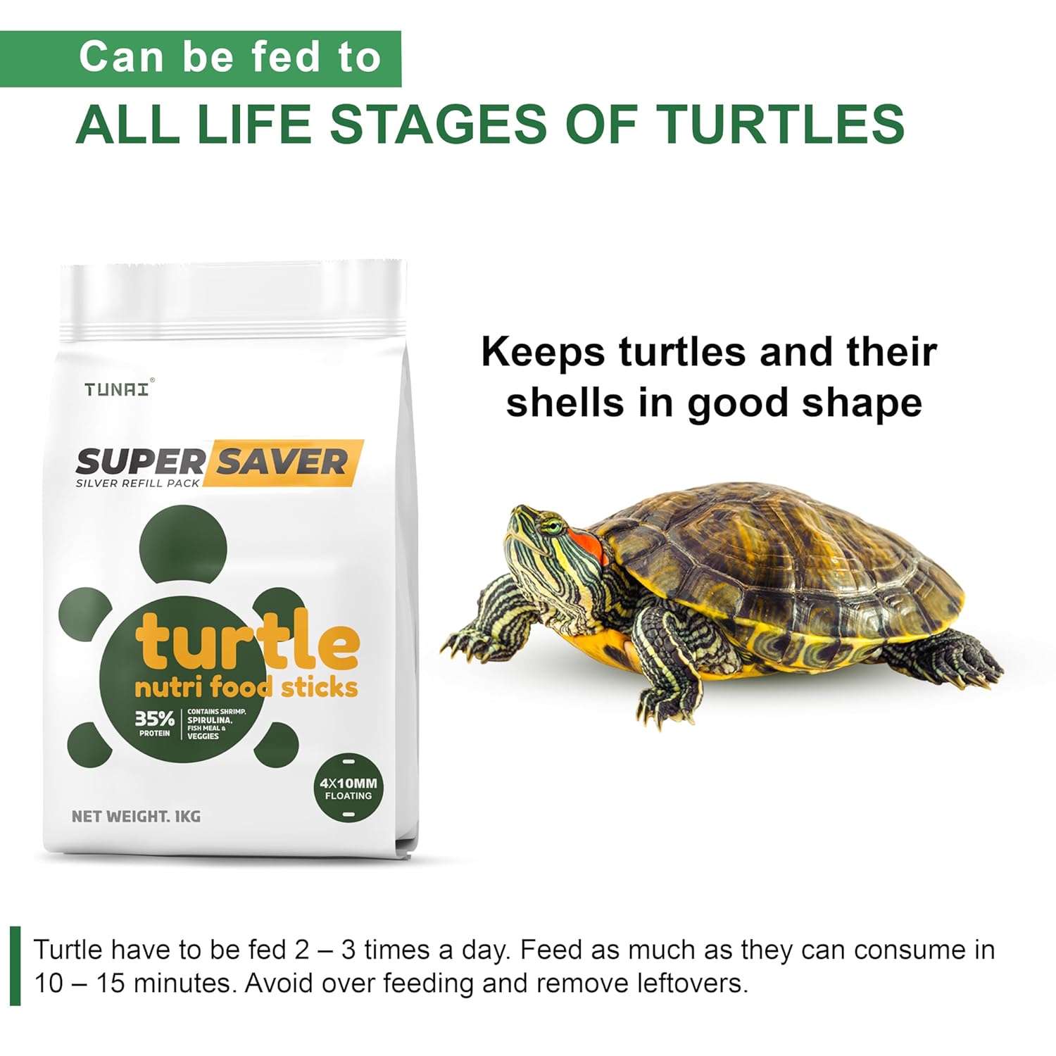 Tunai Super Saver Adult Turtle Food Spirulina Added for Good Shell Health & Daily Diet |1Kg| for Red-Eared, Musk, Mud, Cooter Turtle and Land Tortoise