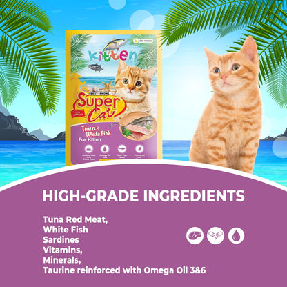TUNAI SUPERCAT White Fish & Tuna Special Wet Gravy Daily Diet Food For Kittens (PACK OF 12X80g) With the goodness of Protein Fat Rich Sardines, White Fish, Tuna And Taurine, Supports Healthy Skin Coat