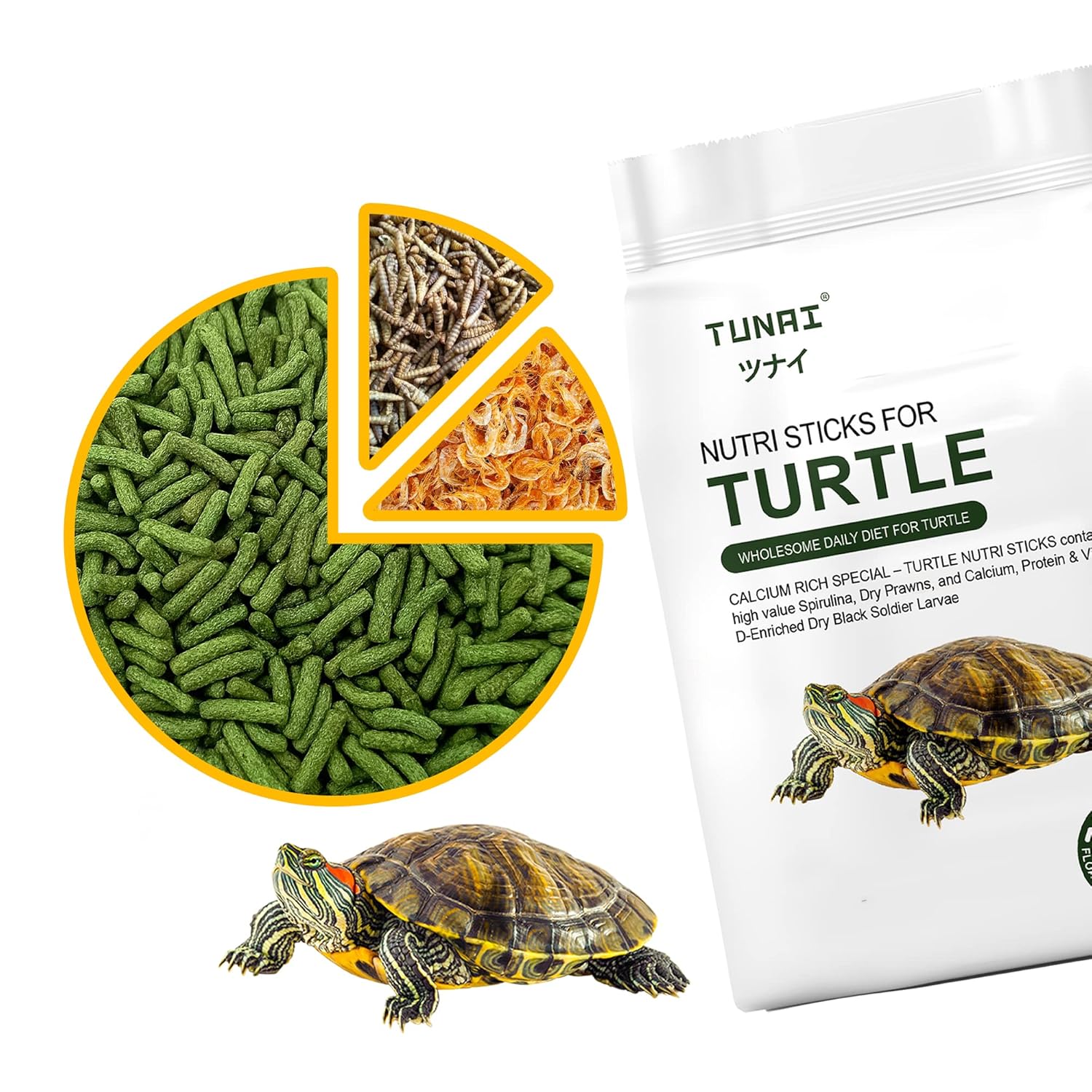 TUNAI 3In1 Adult Turtle Food & Tortoise Food Spirulina Added for Better Shell Health|100G| Contains Nutritious Pellets, Whole Shrimp and Bsfl Insect Larvae, 1 Count