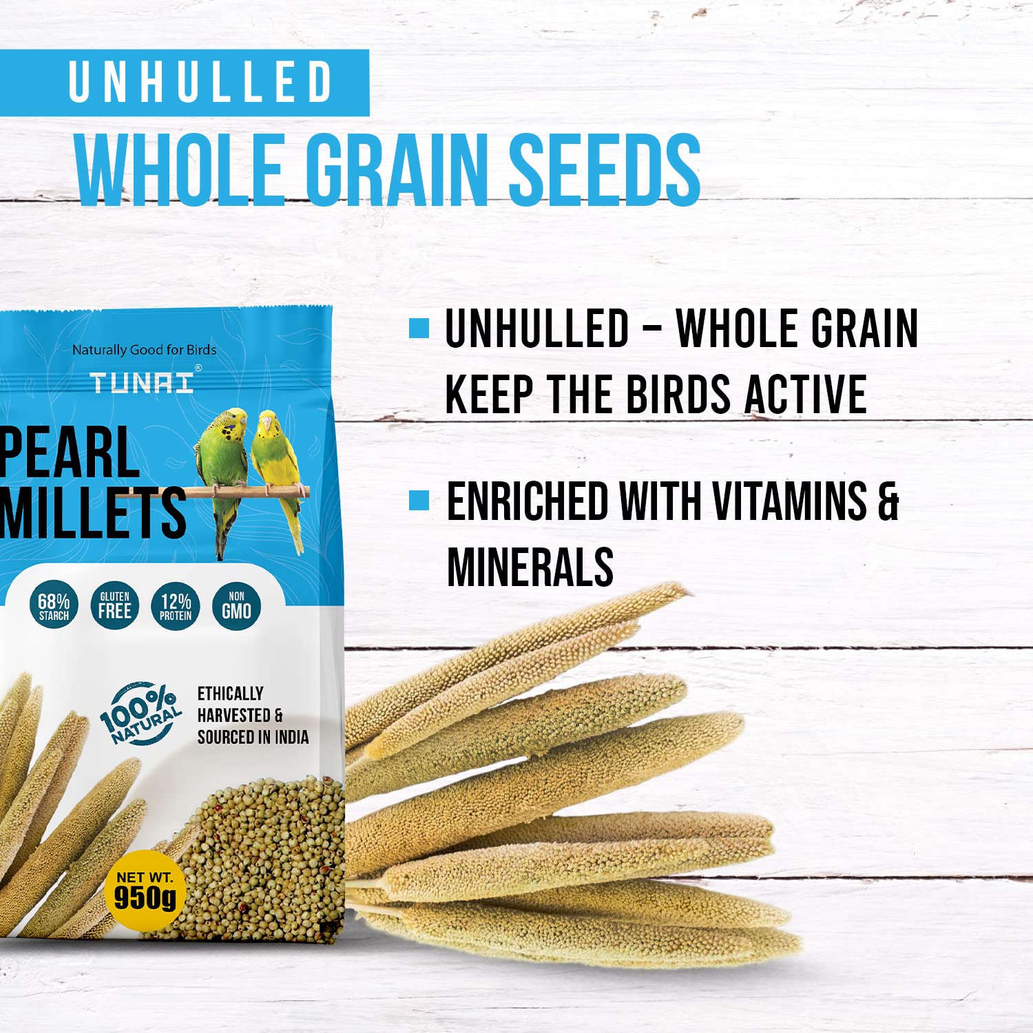 Tunai Pearl Millet Or Bajra Bird Seeds | 950g | Assist in Regulating Digestion, Easing Stress Perfect Bird Food for Budgies, Finches, Cockatiels, Conures, Love Birds, & Parrots