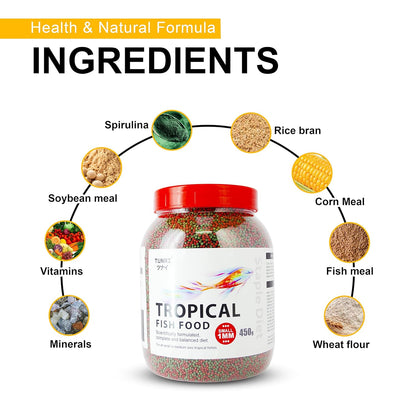 TUNAI Fish Food for Aquarium with 26% protien | 1.2 MM, 450g | Aquarium Fish Food for All Adult Small and Medium Tropical Fishes| Daily Nutrition Fish Feed for Health and Growth